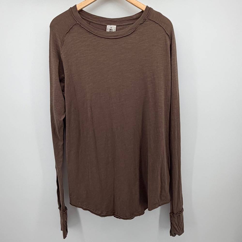 Free People We The Free Top Womens XS Brown Lite Bark Long Sleeve Slub Tee Boho